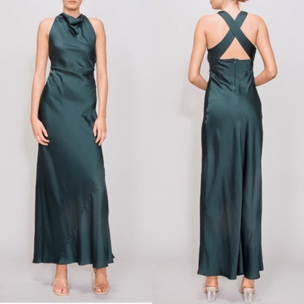 MELLODAY Ruched Cowl Neck Bias Cut Satin Maxi Dress, Large, Hunter Green, NWT